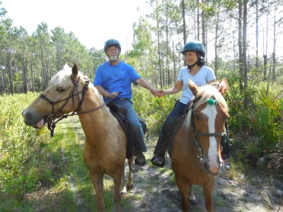 Couple horse riding and holding hands